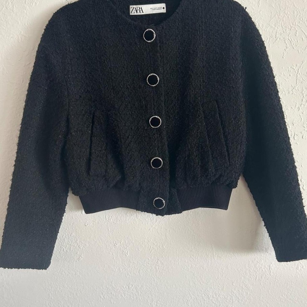 Whimsigoth Coquette Tweed Bomber Jacket Zara Black Textured Jewel Button Crop S